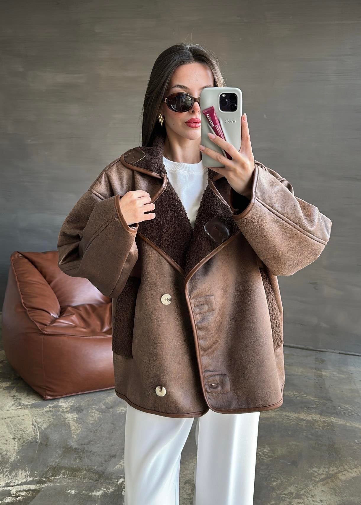 Deri Biyeli Nubuk Ceket KAHVERENGİ