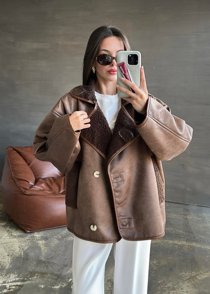 Deri Biyeli Nubuk Ceket KAHVERENGİ