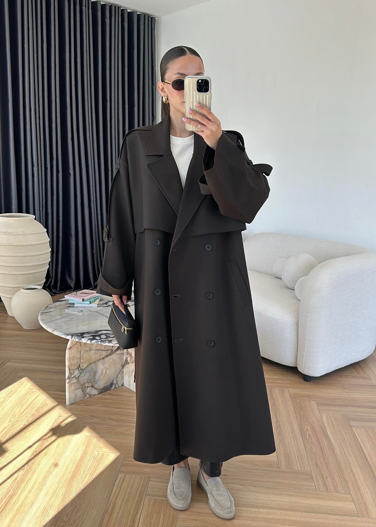 Omuzu Uzun Apoletli Trençkot ACI KAHVE