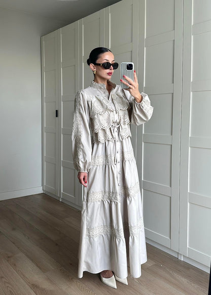 Güpürlü Dantelli Elbise BEJ