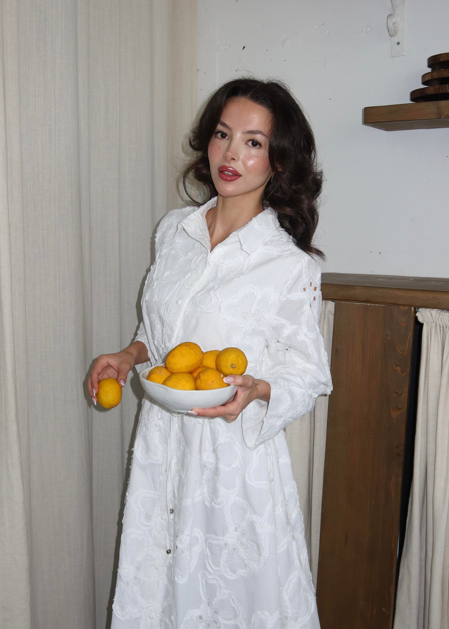 Beli Bağcıklı Brode Elbise BEYAZ