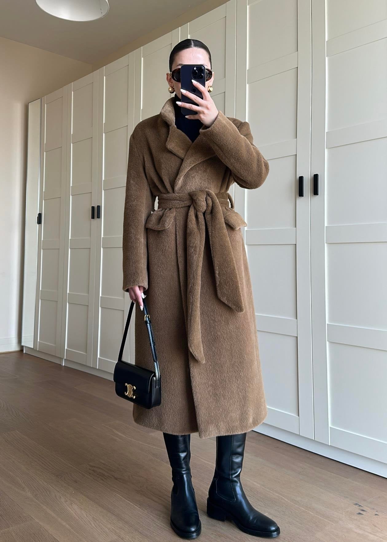 Alpaka Uzun Palto KAHVERENGİ