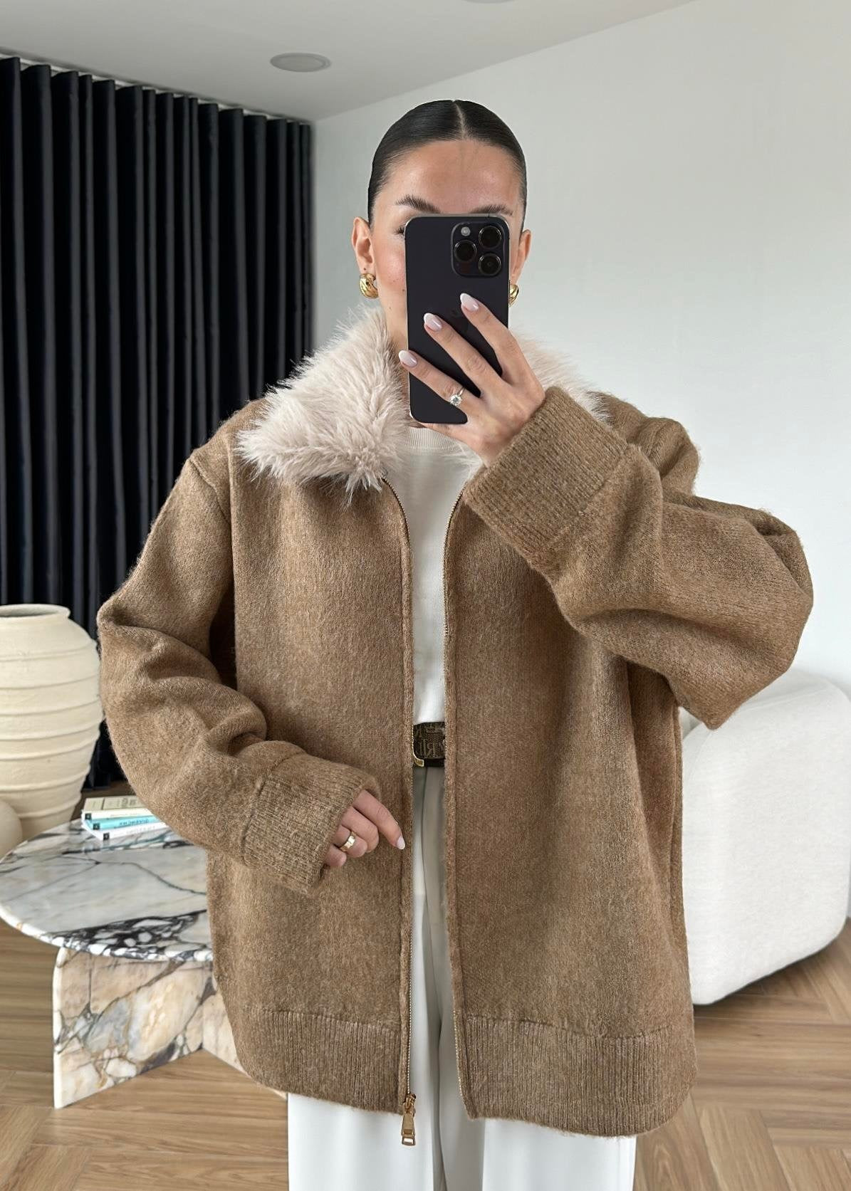 Çıkarılabilir Kürklü Hırka CAMEL