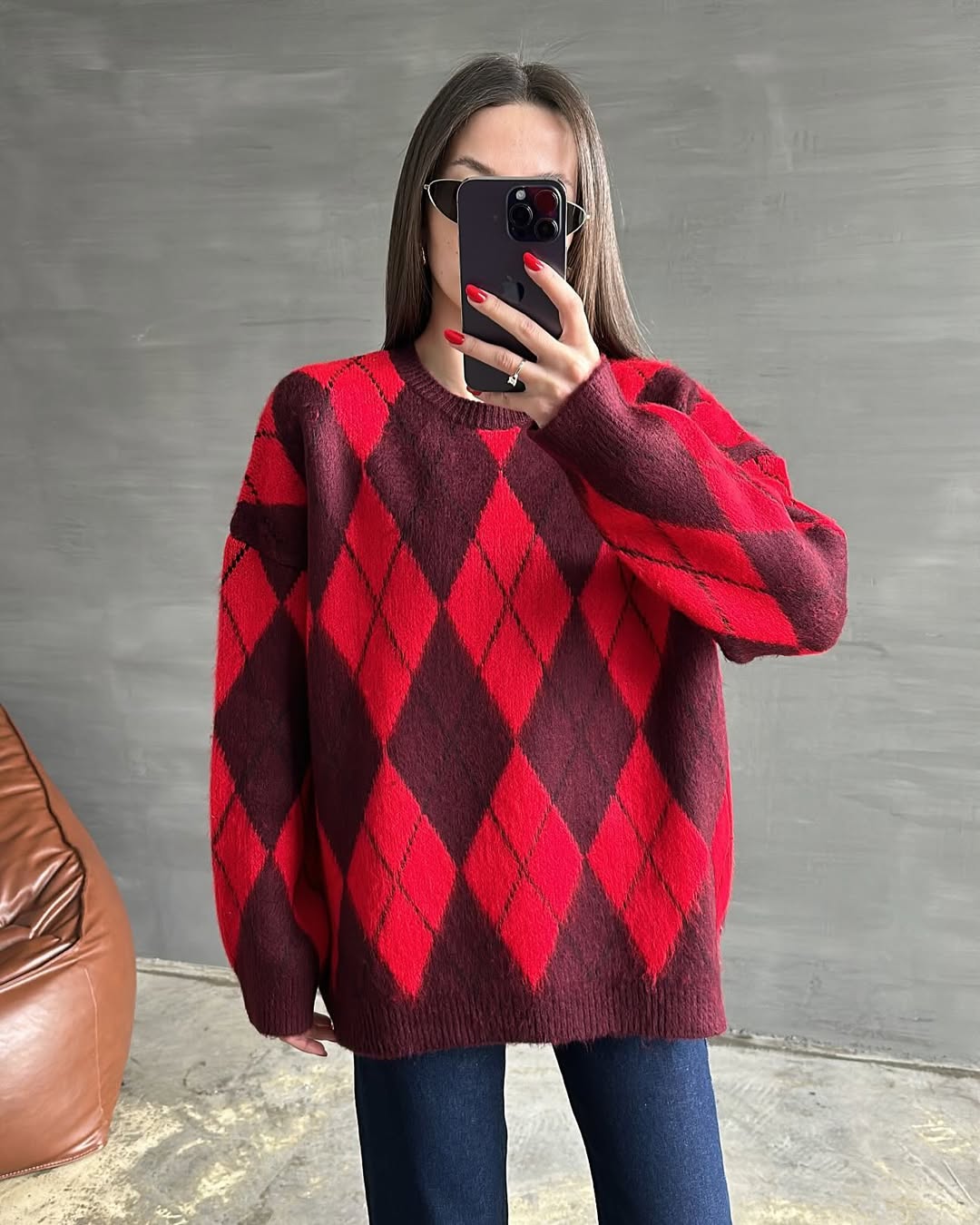 Kırmızı Şardonlu Baklava Desenli Kazak