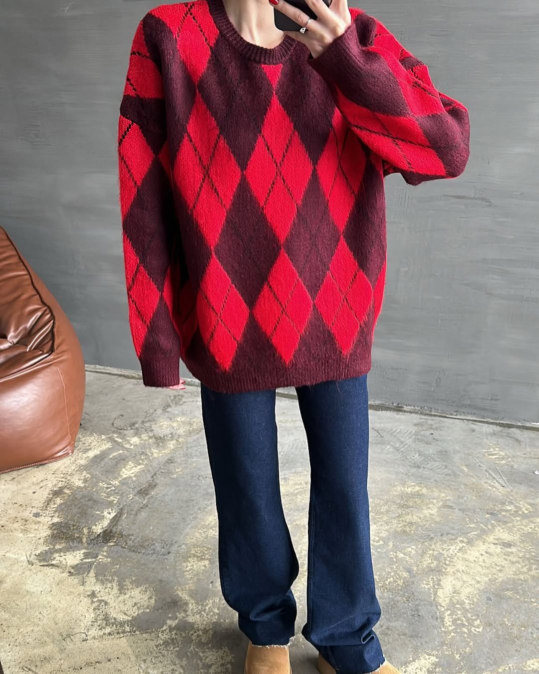 Kırmızı Şardonlu Baklava Desenli Kazak