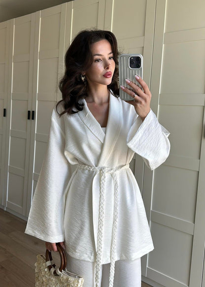Örgü Kemerli Kimonolu Takım BEYAZ
