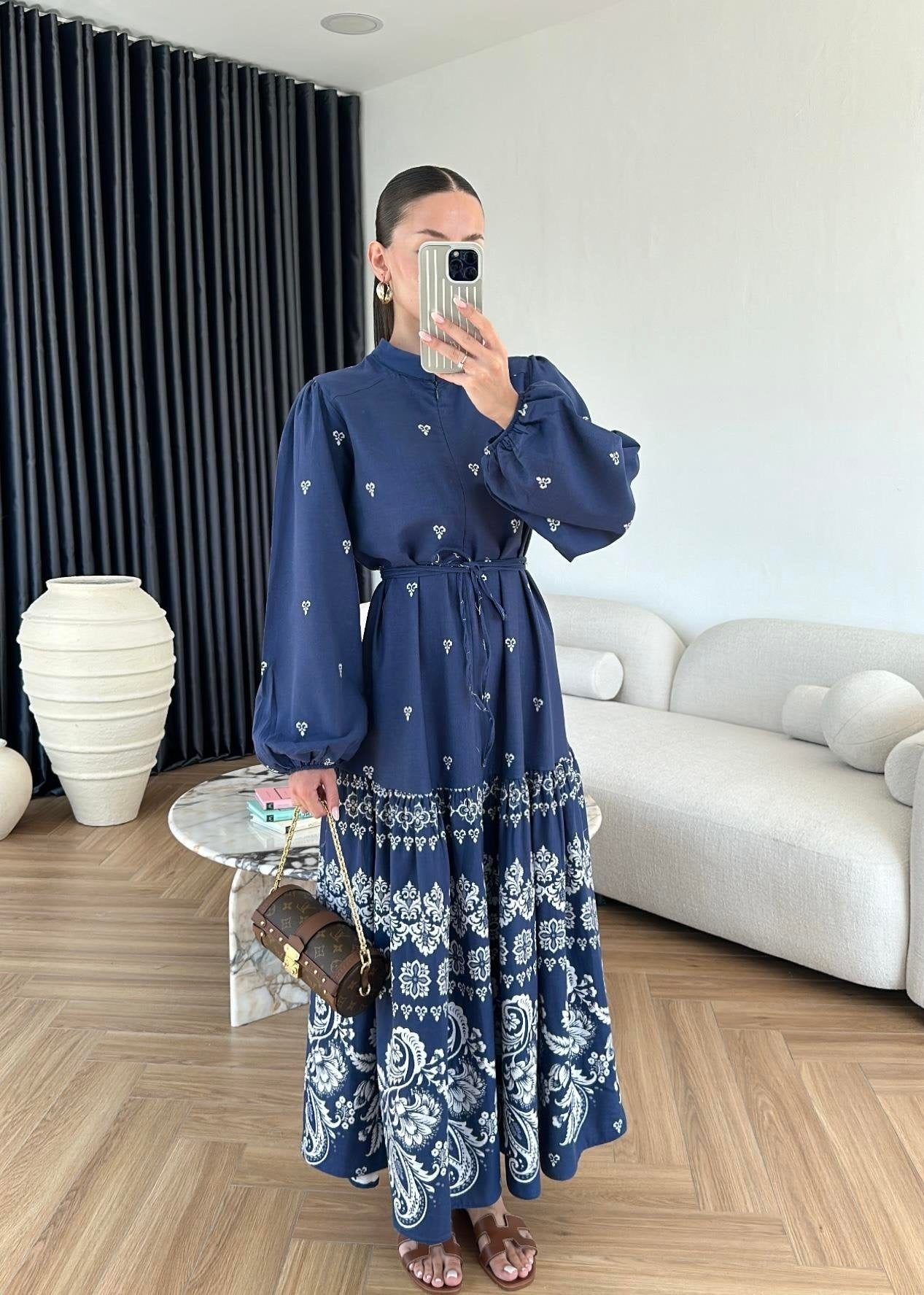 Etek Ucu Motifli Keten Elbise LACİVERT