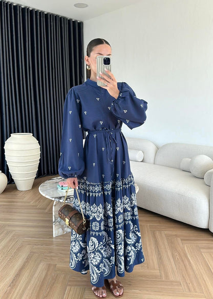 Etek Ucu Motifli Keten Elbise LACİVERT