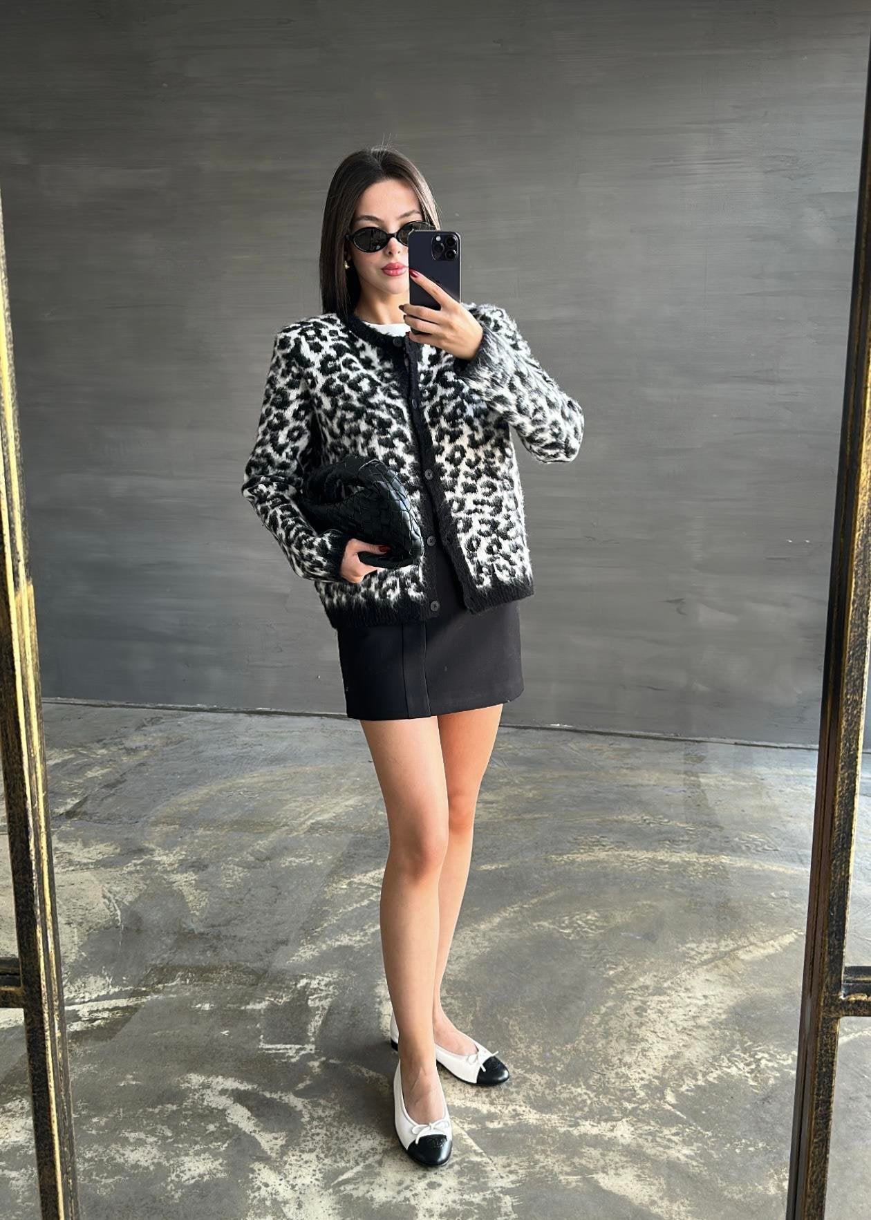 Yün Efekt Leopar Hırka SİYAH