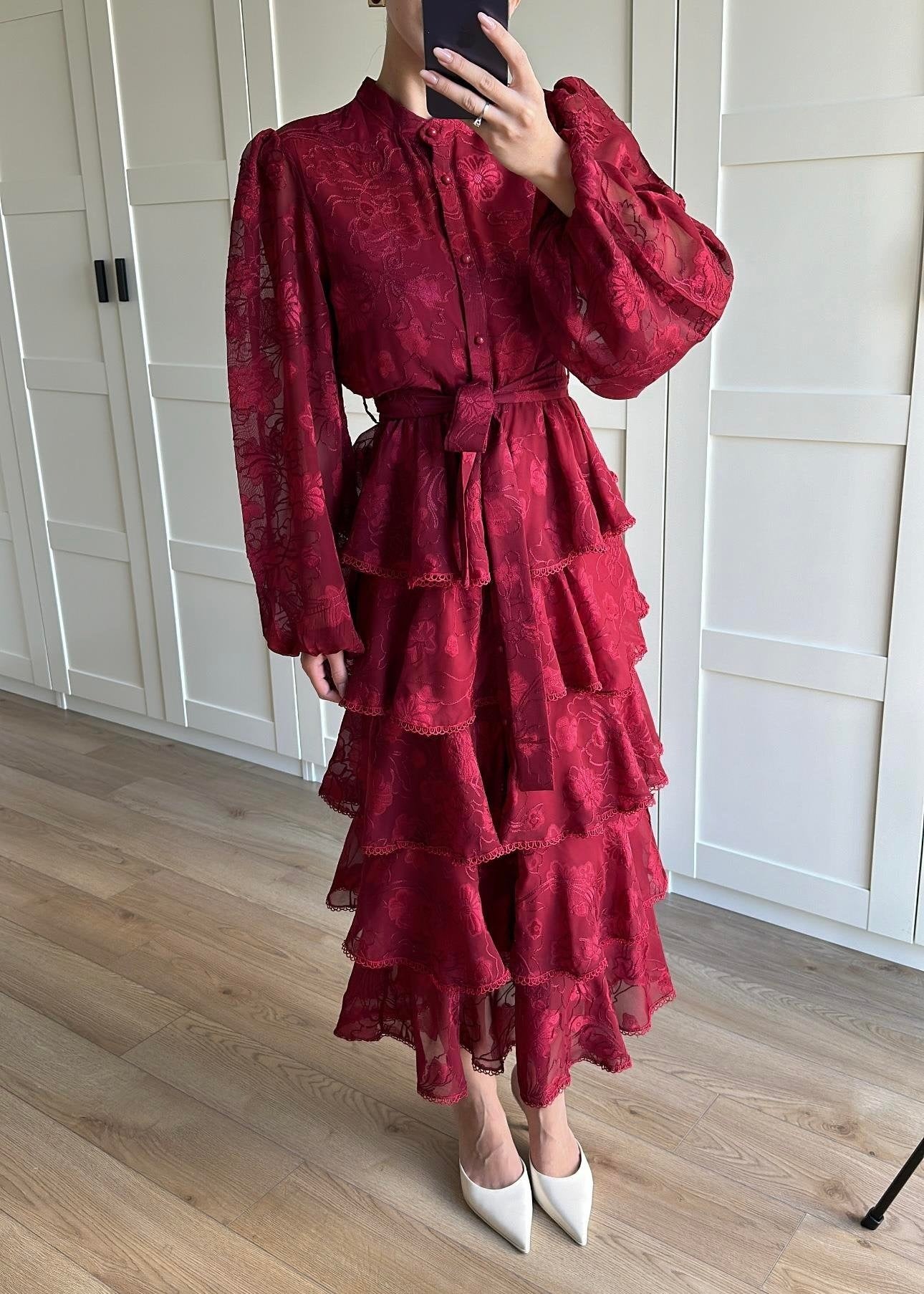 Çiçek Desenli Fırfırlı Elbise BORDO