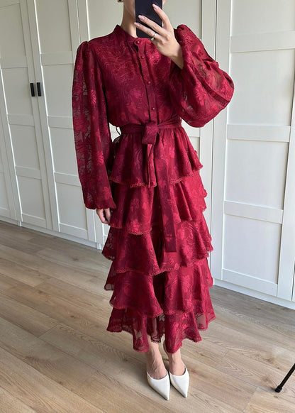 Çiçek Desenli Fırfırlı Elbise BORDO