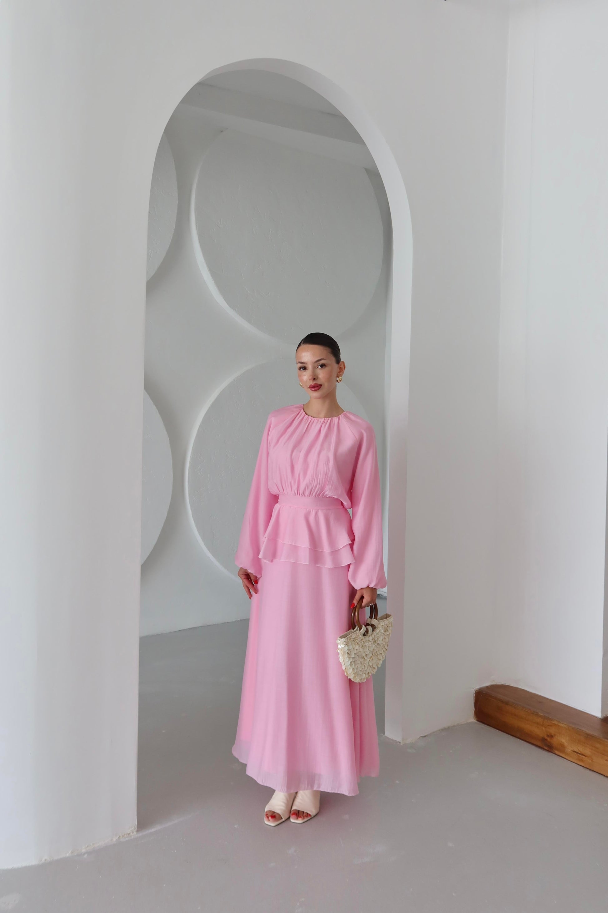 Beli Volanlı Elbise PEMBE