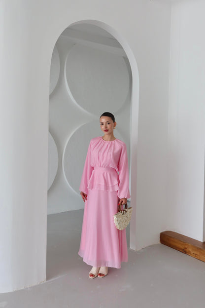 Beli Volanlı Elbise PEMBE