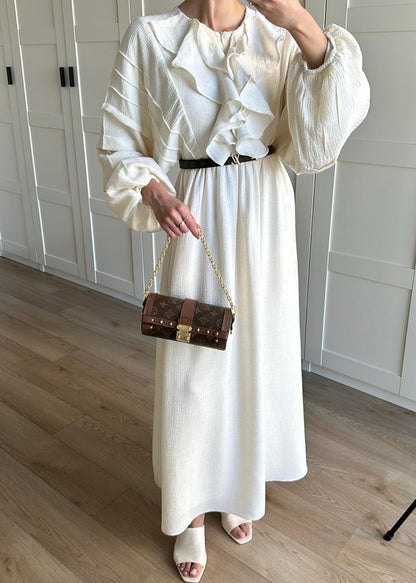 Önü Fırfırlı Naturel Elbise KREM