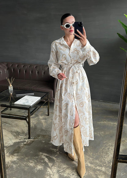 Gold İşlemeli Keten Elbise EKRU