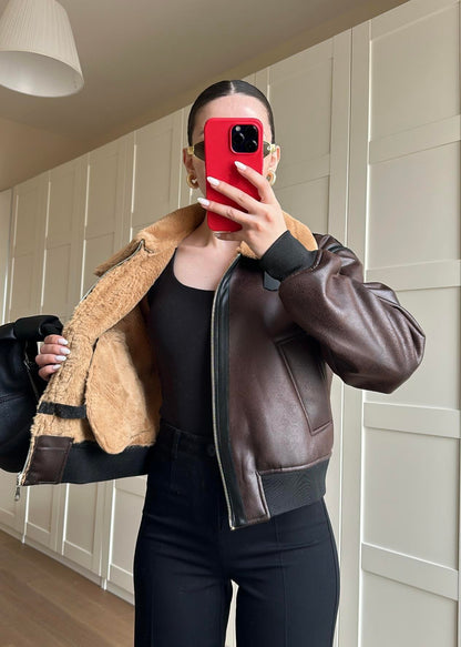 İçi Kürklü Deri Detaylı Mont KAHVERENGİ