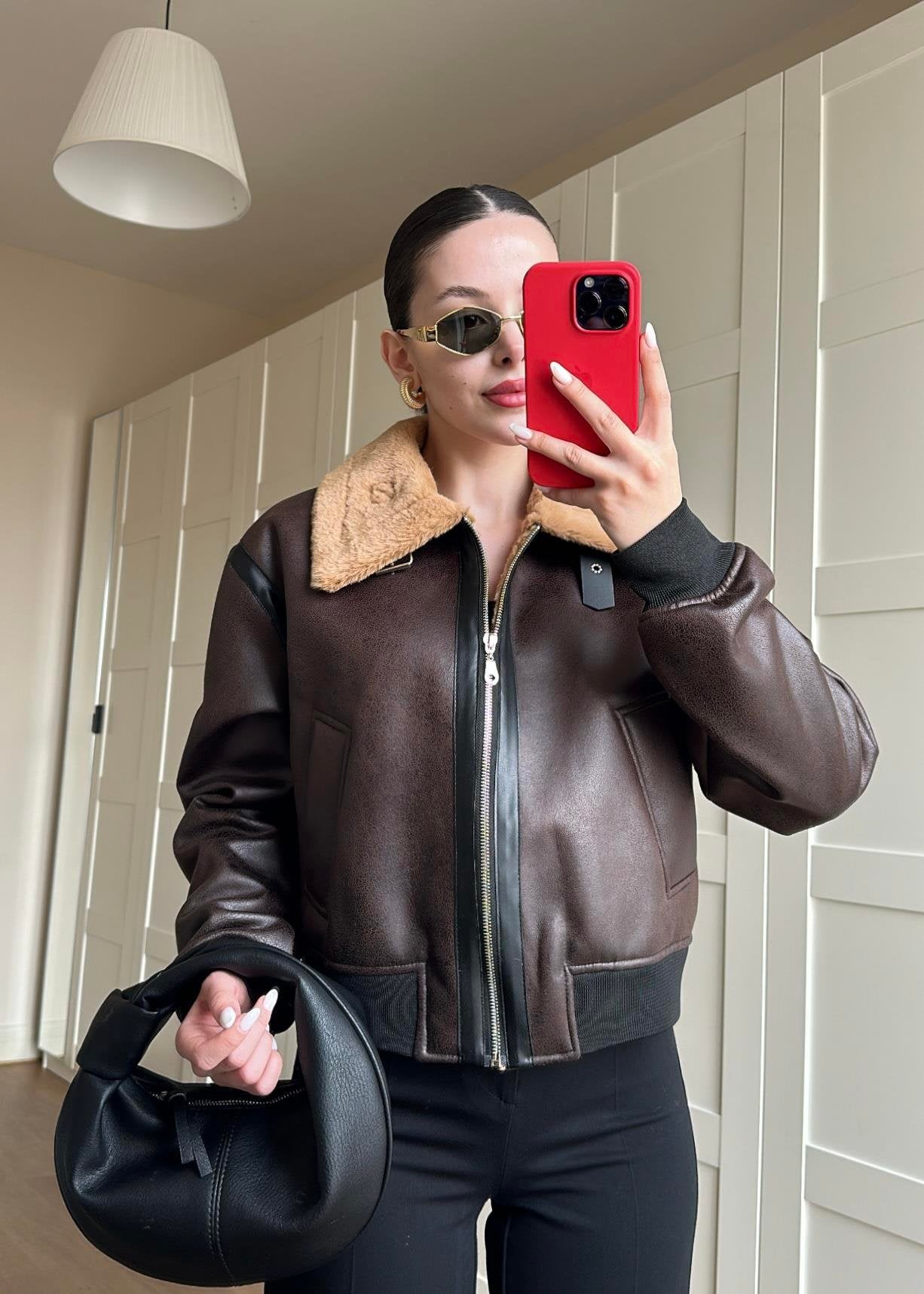 İçi Kürklü Deri Detaylı Mont KAHVERENGİ