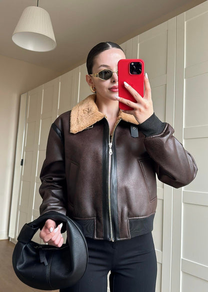 İçi Kürklü Deri Detaylı Mont KAHVERENGİ