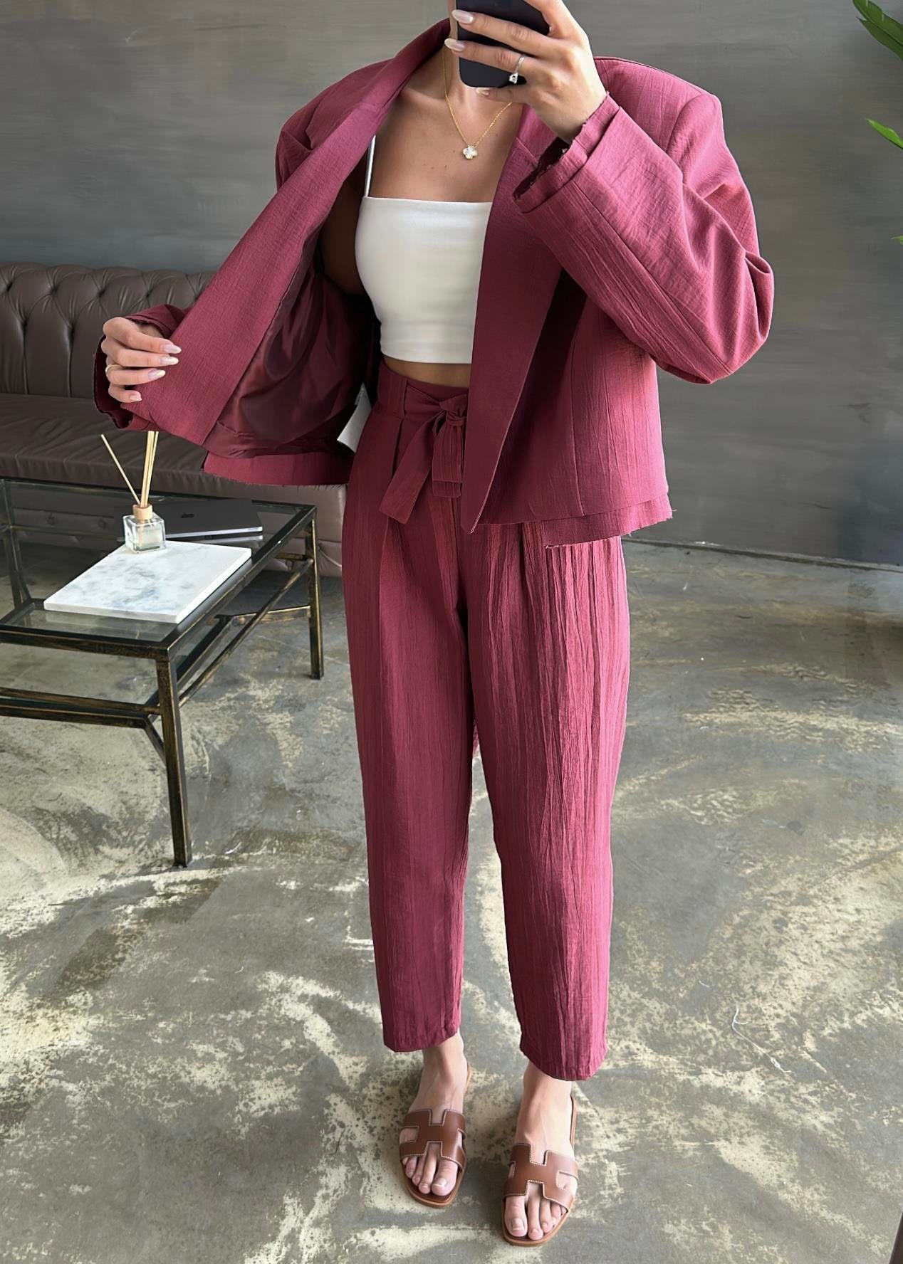Bağlama Detaylı Crop Ceketli Takım BORDO