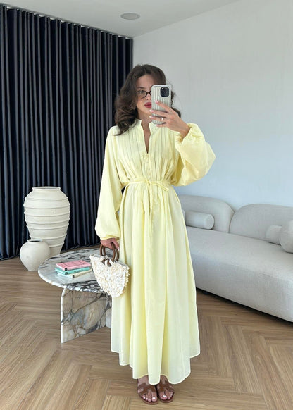 Nervürlü Pamuk Vual Elbise SARI