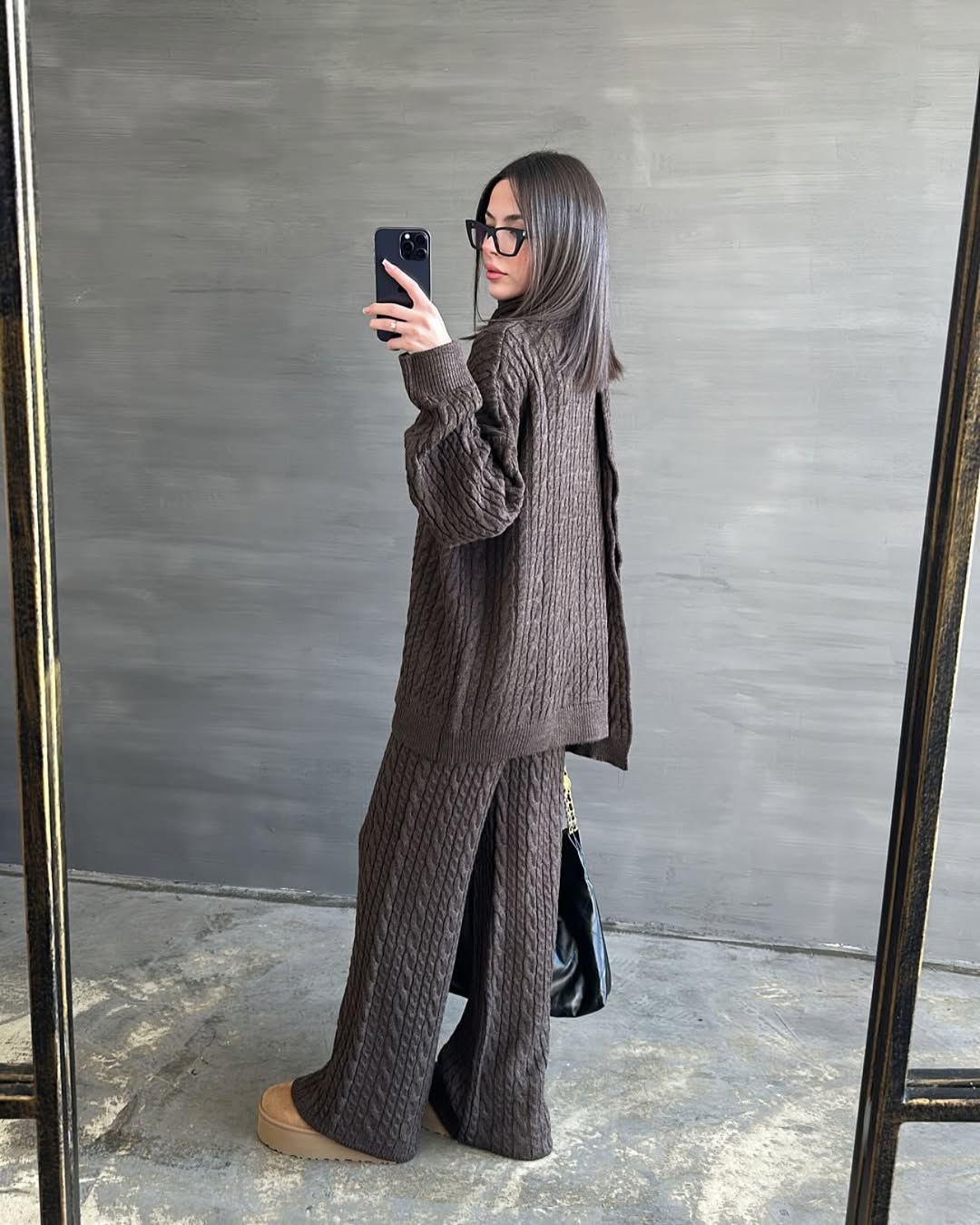 Atkılı Saç Örgülü Üçlü Takım KAHVERENGİ