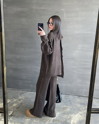 Atkılı Saç Örgülü Üçlü Takım KAHVERENGİ