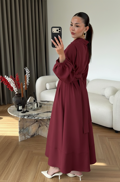 Ayşima Yaka Detaylı Elbise CHİLİ BORDO