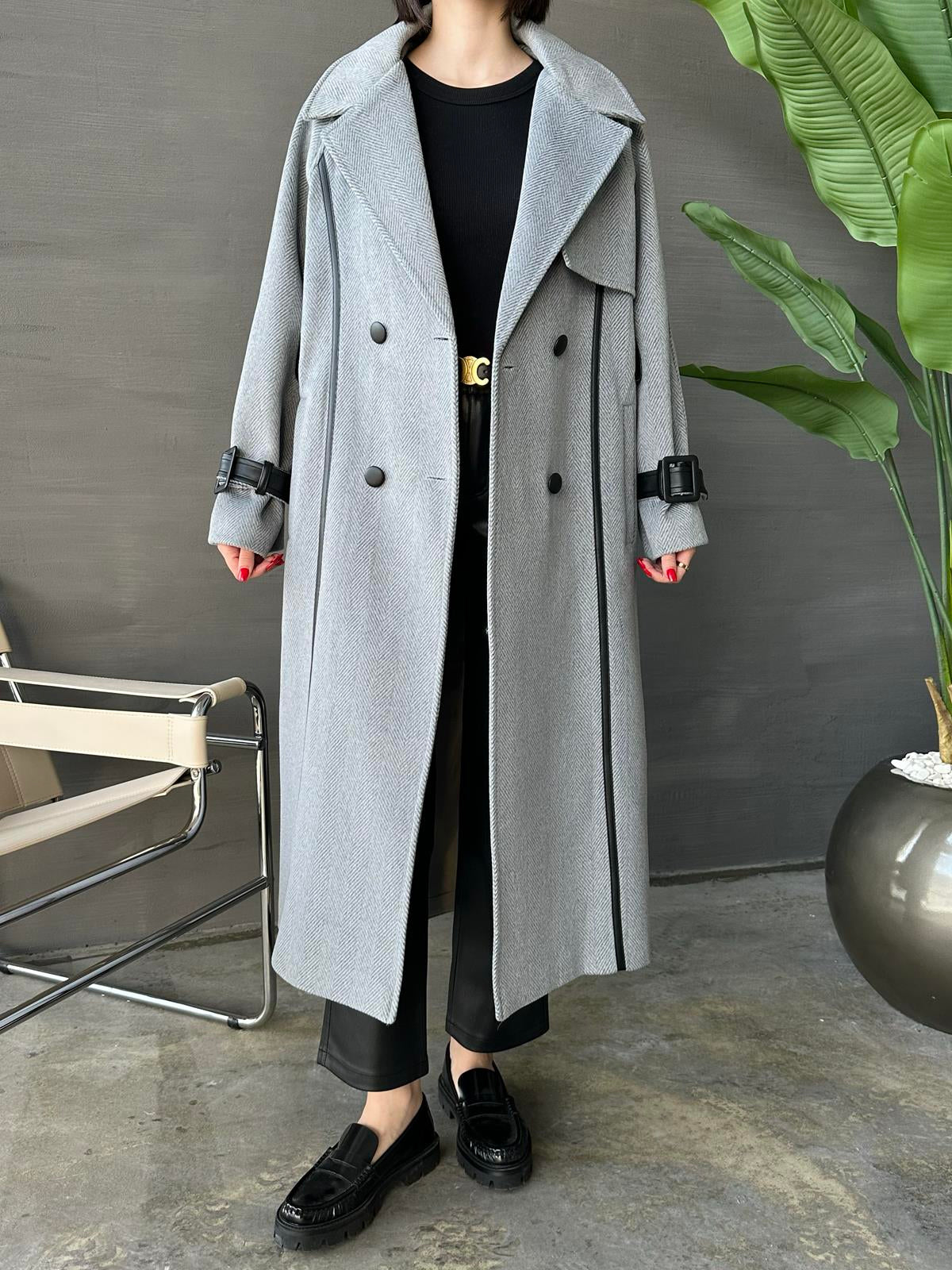 Deri Detaylı Premium Kaban GRİ