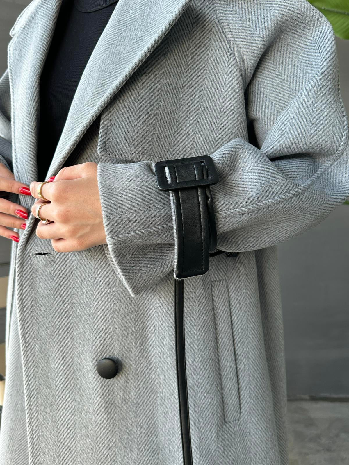 Deri Detaylı Premium Kaban GRİ