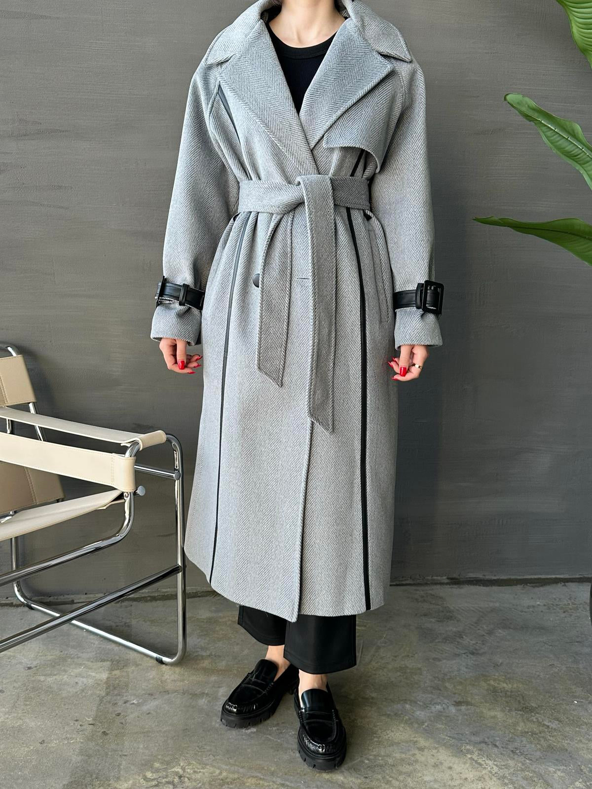 Deri Detaylı Premium Kaban GRİ