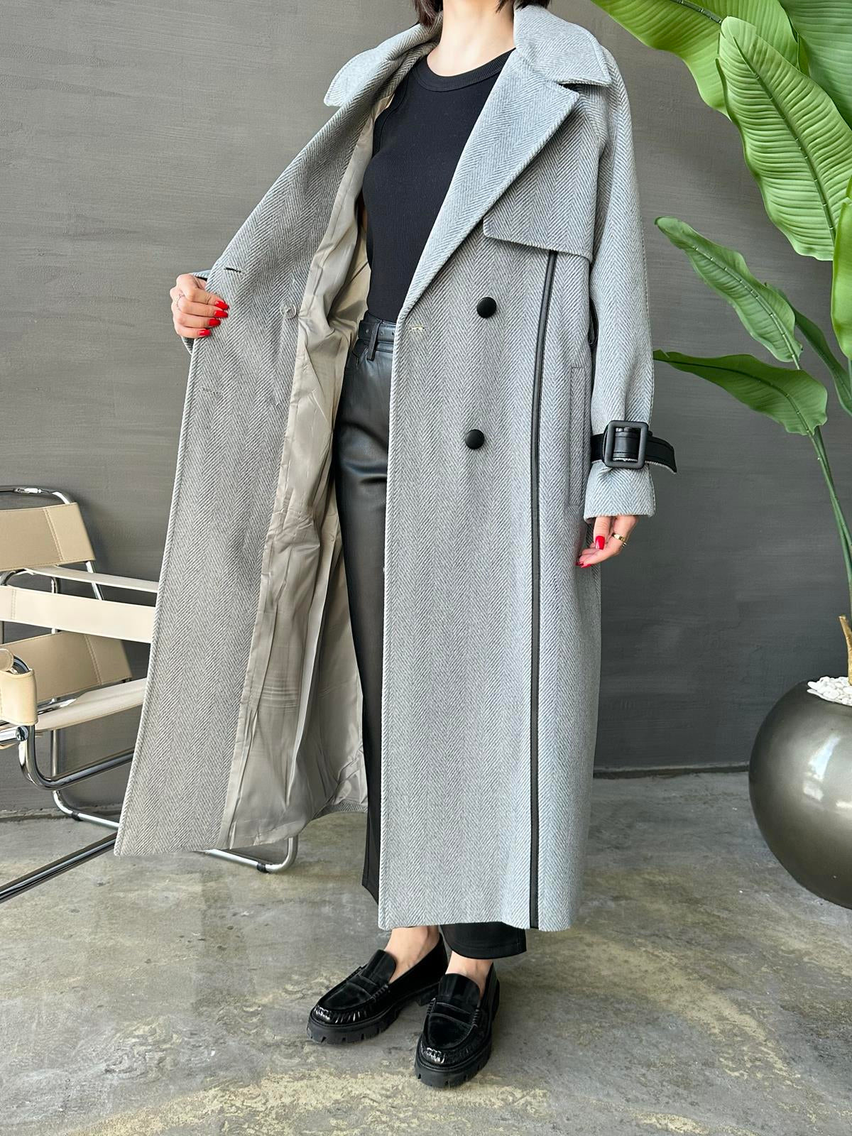 Deri Detaylı Premium Kaban GRİ