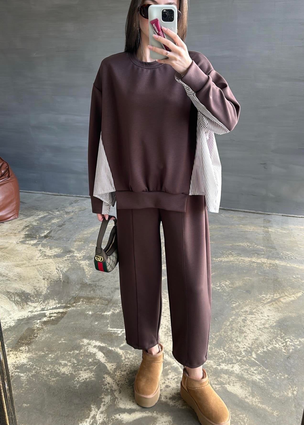 Garnili Modal Sweat Pantolon Takım ACI KAHVE