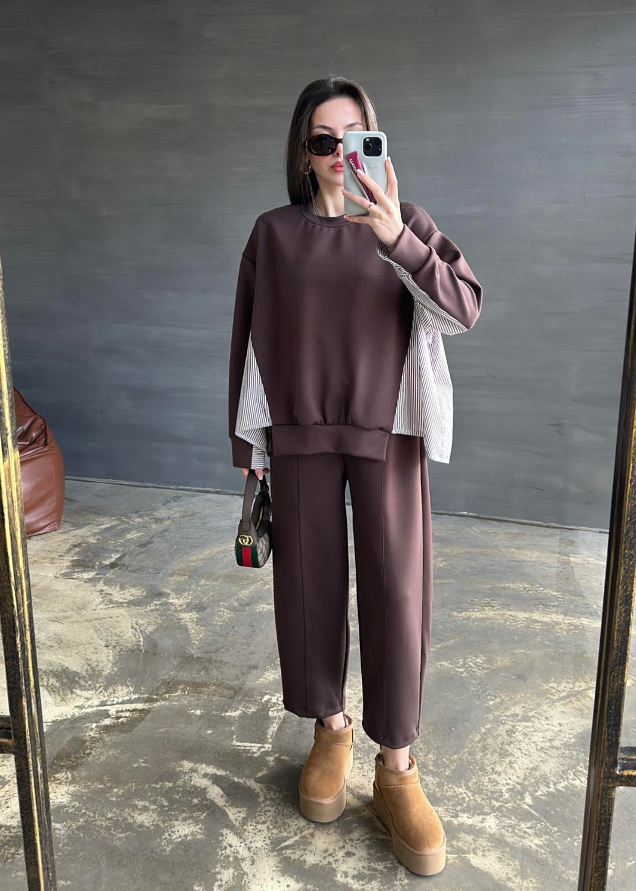 Garnili Modal Sweat Pantolon Takım ACI KAHVE