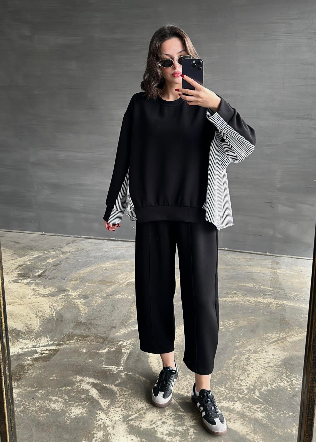 Garnili Modal Sweat Pantolon Takım SİYAH