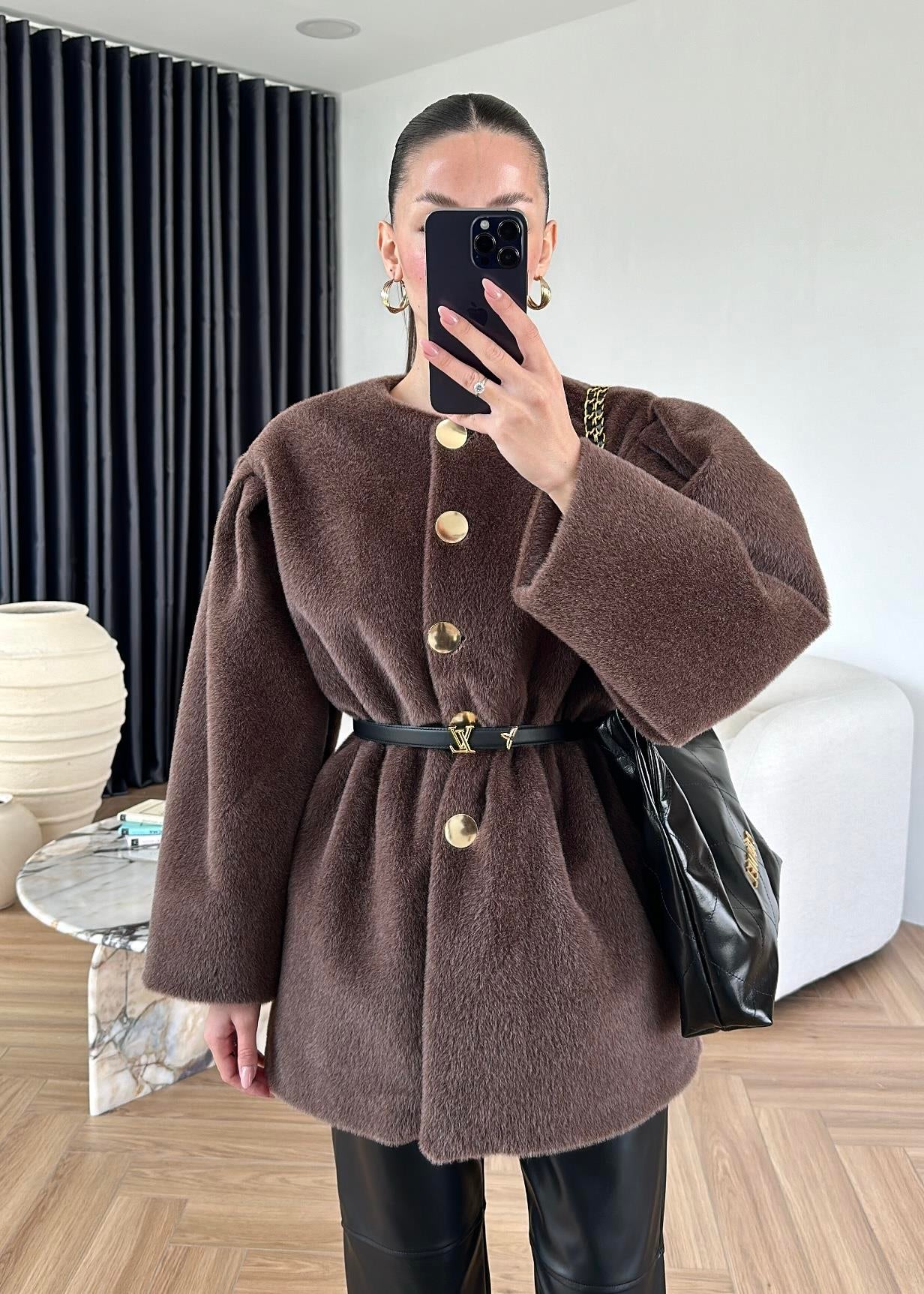 Gold Düğmeli Alpaka Kaban KAHVERENGİ