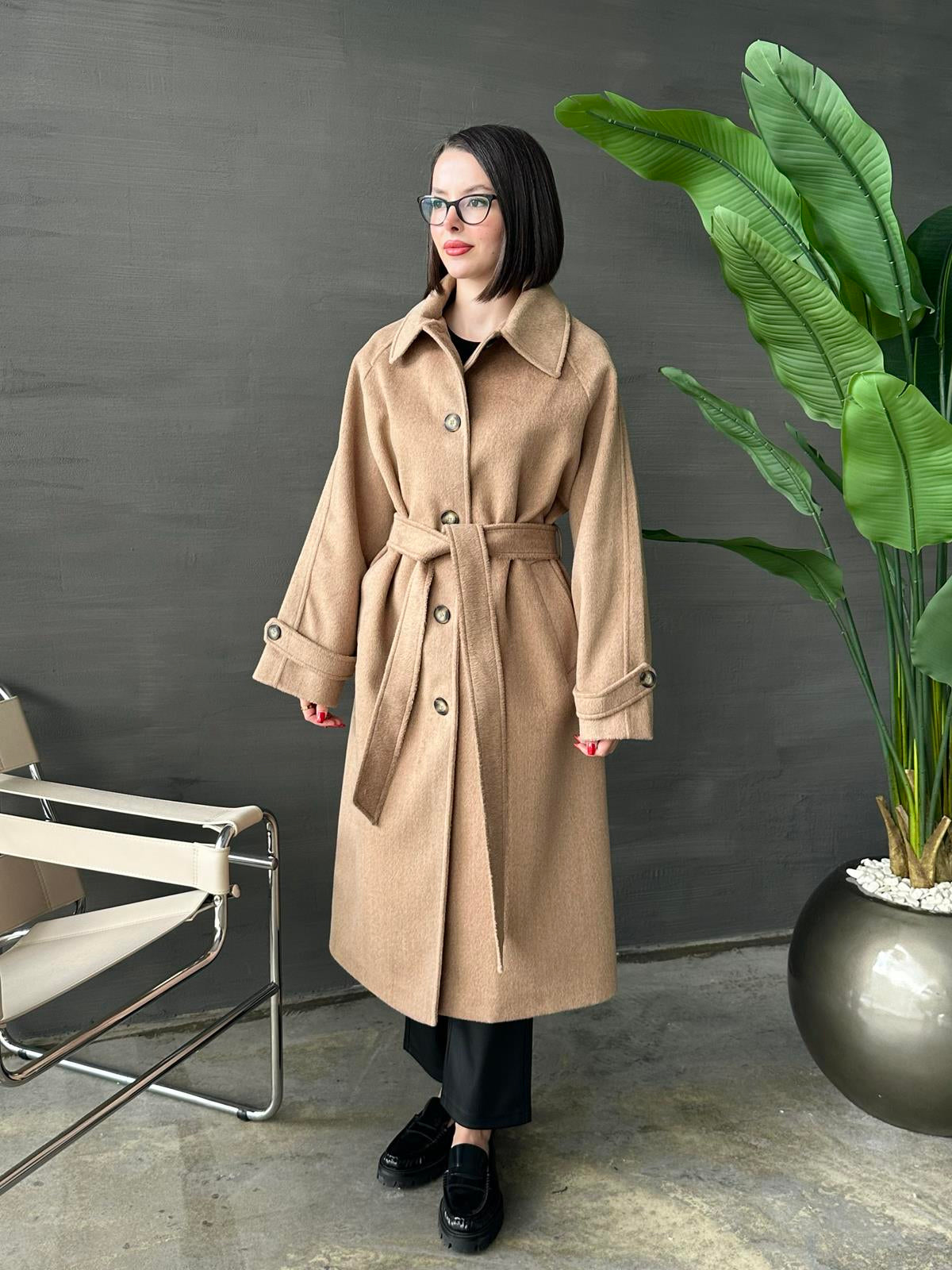 Gömlek Yakalı Kemerli Kaban CAMEL