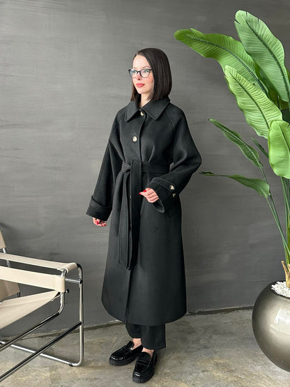 Gömlek Yakalı Kemerli Kaban SİYAH