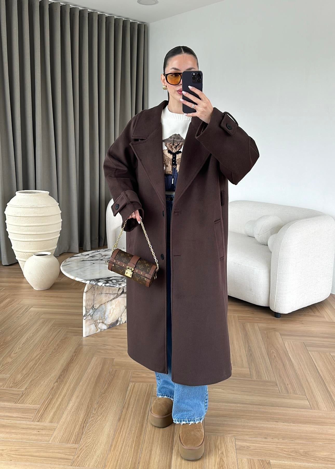 İki Düğmeli Kuşaklı Kaban ACI KAHVE