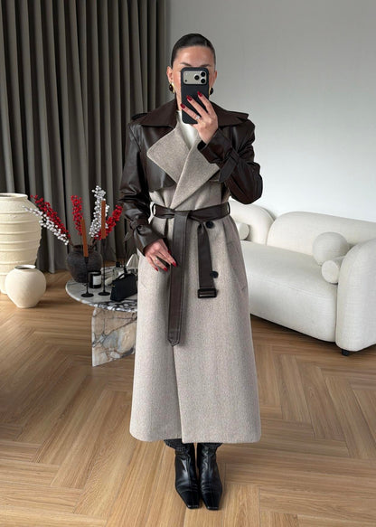 Omuzu Deri Detaylı Uzun Kaban ACI KAHVE