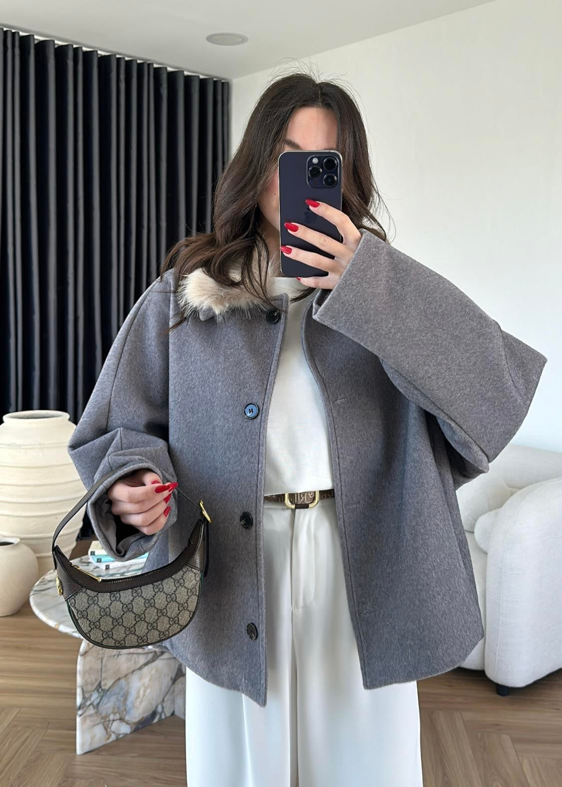 Kaşe Çıkarılabilir Kürklü Kaban GRİ