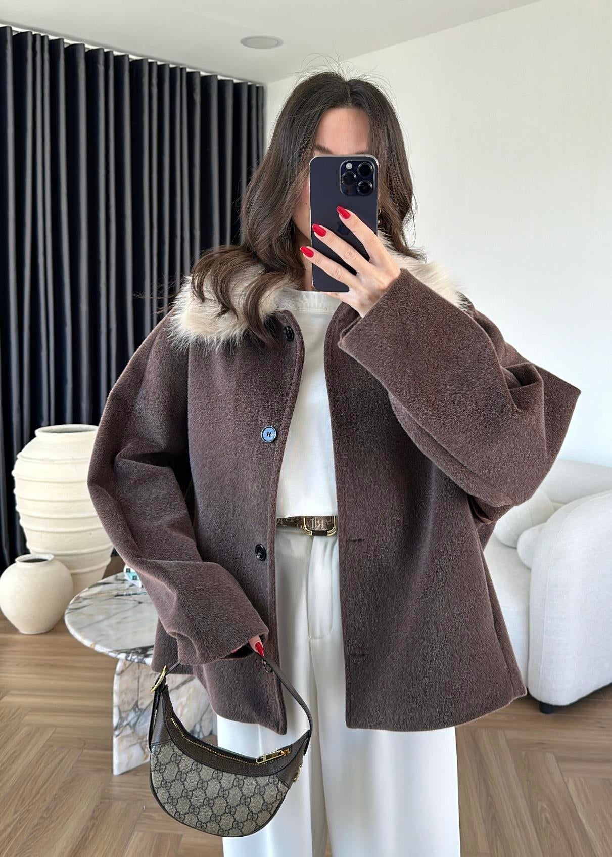 Kaşe Çıkarılabilir Kürklü Kaban KAHVE