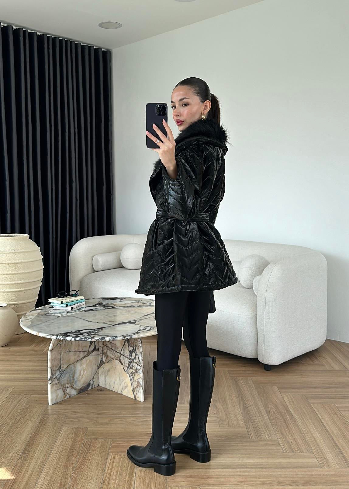 Rugan Kürk Detaylı Mont SİYAH