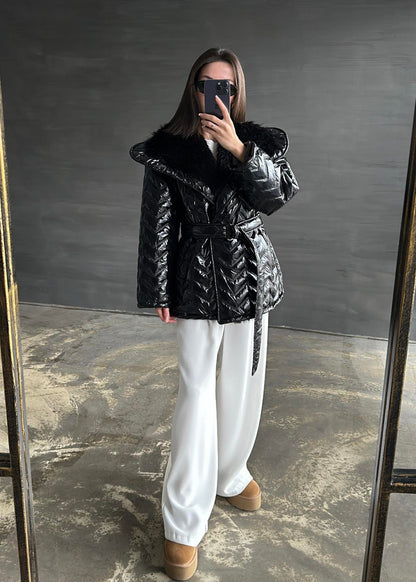 Rugan Yakası Kürklü Mont SİYAH