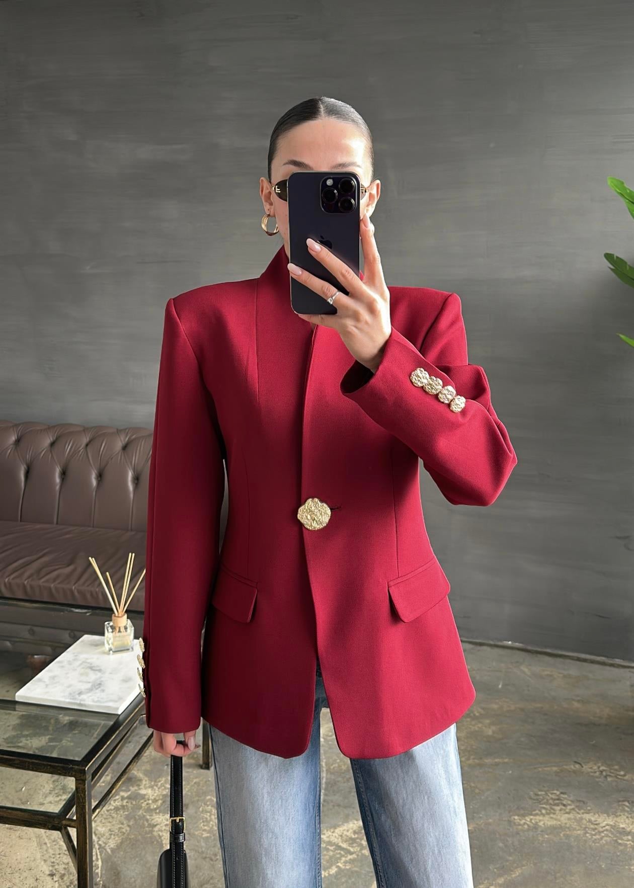 Şal Yakalı Gold Düğmeli Ceket BORDO