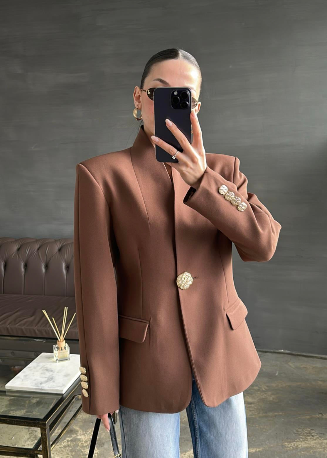 Şal Yakalı Gold Düğmeli Ceket KAHVE