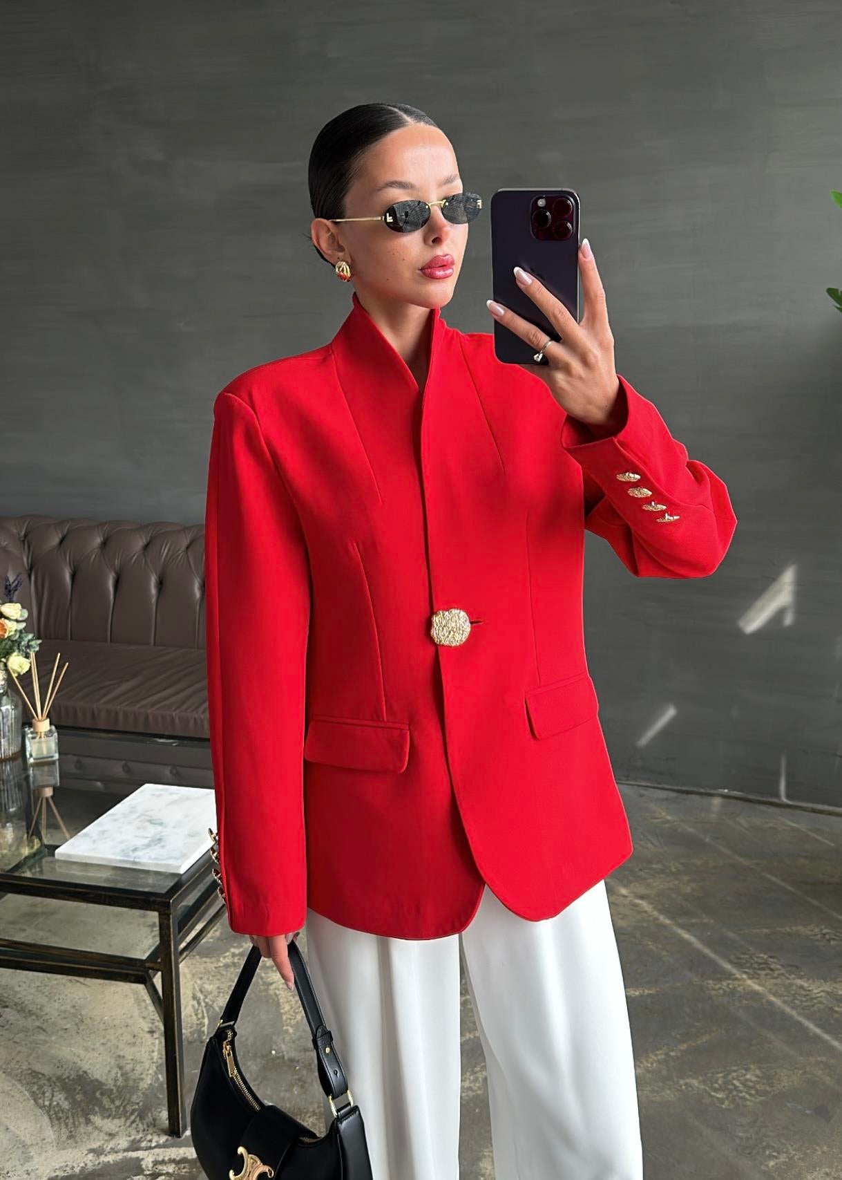 Şal Yakalı Gold Düğmeli Ceket KIRMIZI