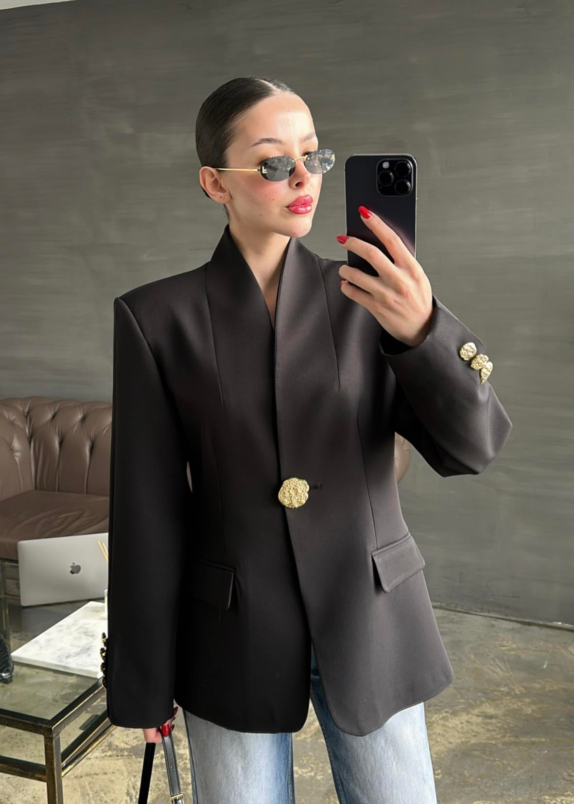 Şal Yakalı Gold Düğmeli Ceket SİYAH