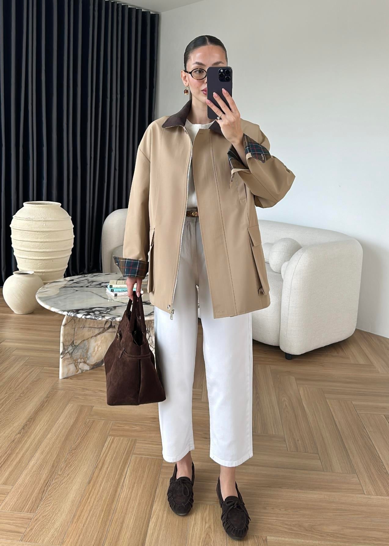 Torba Cepli Ekose Detaylı Ceket BEJ