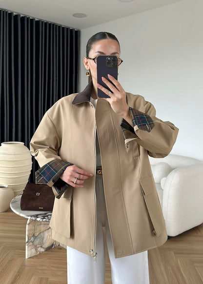 Torba Cepli Ekose Detaylı Ceket BEJ