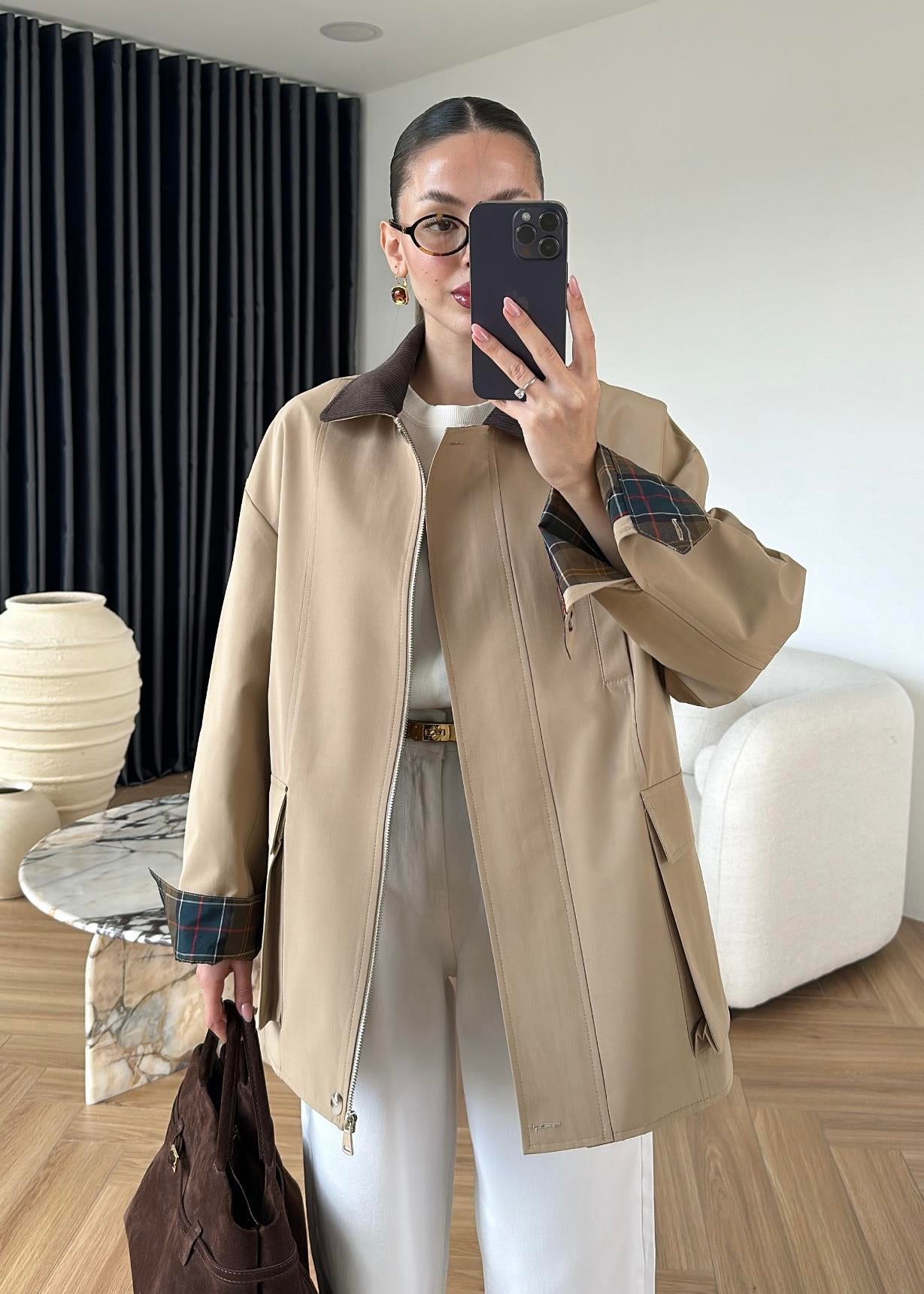 Torba Cepli Ekose Detaylı Ceket BEJ